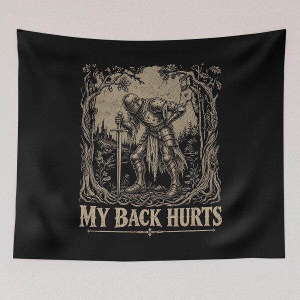 Item preview, My Back Hurts Medieval Knight Funny Getting Old Aging Joke Vintage Woodcut designed and sold by elongatedjazz.