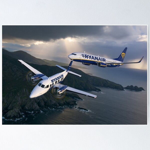 Aperçu de l'œuvre Illustration d'un Boeing 737 et d'un turbopropulseur de Ryanair dans un ciel orageux créée et vendue par Skyframe Aviation.