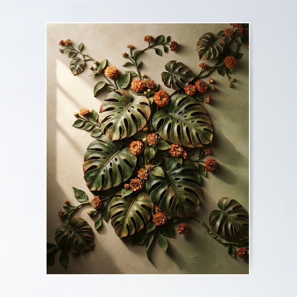 Item preview, Monstera and Golden Floral Botanical Relief Art designed and sold by PIXEL DIGITAL ART.