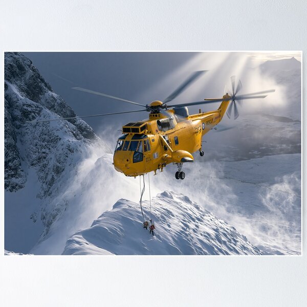 Artikelvorschau, Illustration der Winterrettungsfliegerei mit RAF Sea King entworfen und verkauft von Skyframe Aviation.