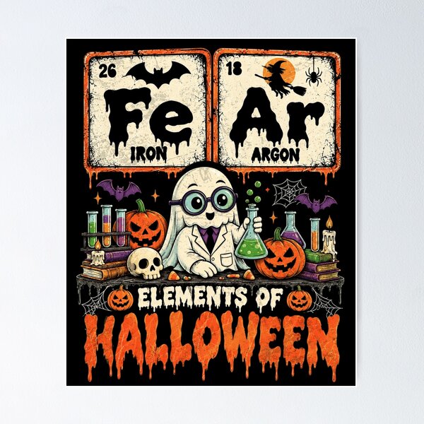 Aperçu de l'œuvre Éléments Fe Ar d'Halloween, tableau périodique des éléments, science, fantôme mignon, blague de chimie créée et vendue par schoolofbullies.