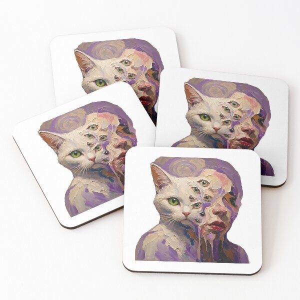 Item preview, White Cat Woman Hybrid Multi Green Eyes Purple Impasto Art designed and sold by LujziWorld.