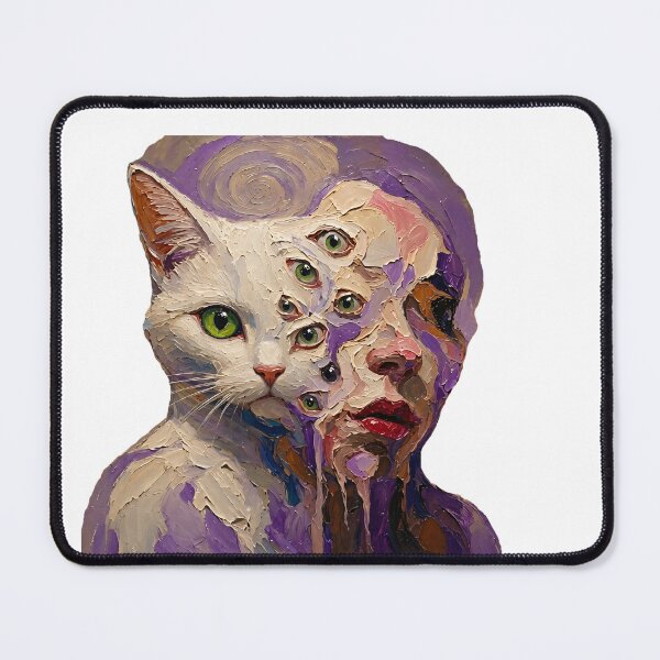 Item preview, White Cat Woman Hybrid Multi Green Eyes Purple Impasto Art designed and sold by LujziWorld.