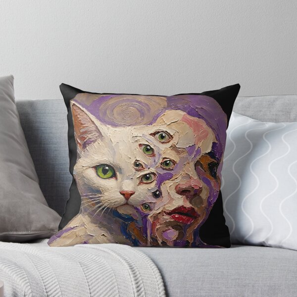 Item preview, White Cat Woman Hybrid Multi Green Eyes Purple Impasto Art designed and sold by LujziWorld.