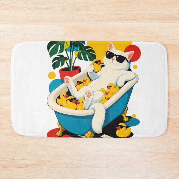 Item preview, White Cat Relaxing in a Bathtub of Rubber Ducks designed and sold by SiripornSeaynng.