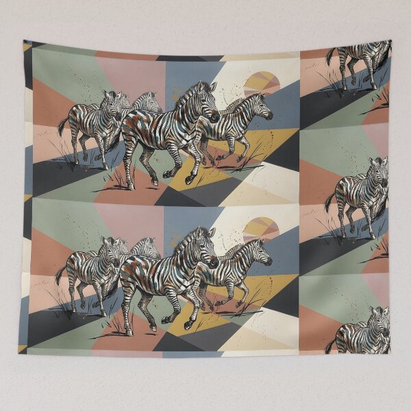 Item preview, Expressive Zebra Herd Canvas Print | Mid-Century Modern Wildlife Wall Art | Geometric Sunburst Safari Poster | Painted Zebra Fine Art Print designed and sold by SergioMiklos.