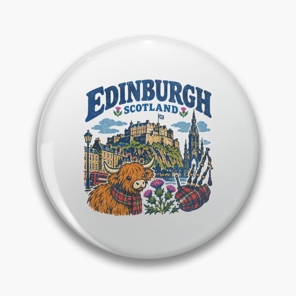Item preview, Edinburgh Scotland Highland Cow Retro Travel Castle Thistle Bagpipes designed and sold by Yellowriversss.