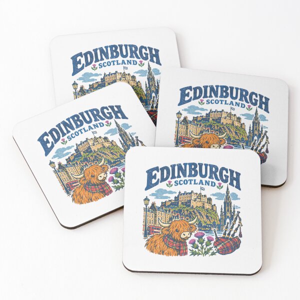 Item preview, Edinburgh Scotland Highland Cow Retro Travel Castle Thistle Bagpipes designed and sold by Yellowriversss.
