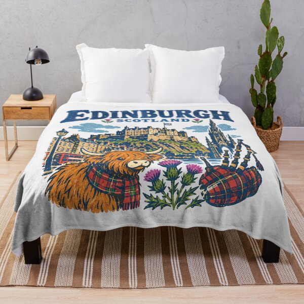 Item preview, Edinburgh Scotland Highland Cow Retro Travel Castle Thistle Bagpipes designed and sold by Yellowriversss.