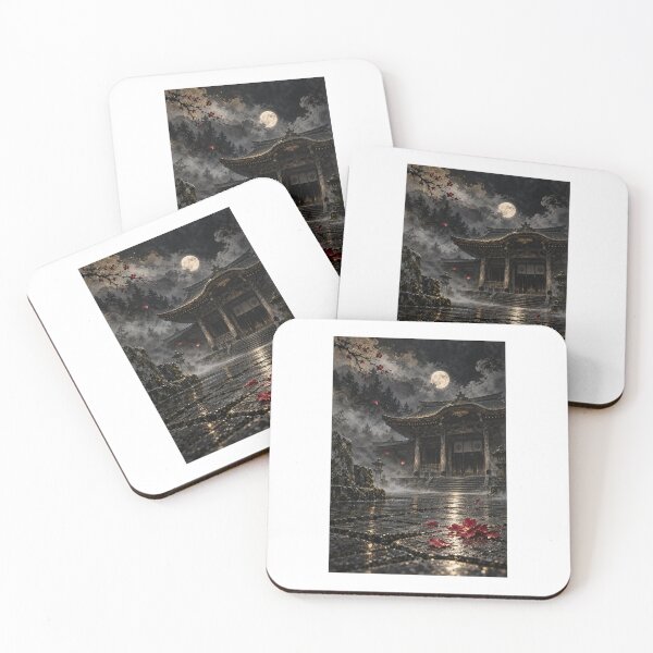 Item preview, Crimson Petals, Empty Temple – Japanese Ukiyo-e Night Art designed and sold by yuryu14yutaka.