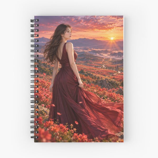 Item preview, Crimson Flower Valley – Woman in a Flowing Red Dress designed and sold by SEIMEI2025.