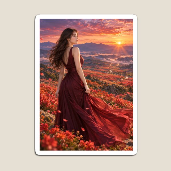 Item preview, Crimson Flower Valley – Woman in a Flowing Red Dress designed and sold by SEIMEI2025.