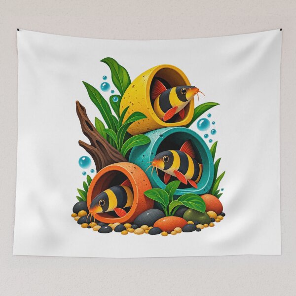 Item preview, Clown Loaches Exploring Colorful Aquarium Tunnels designed and sold by SiripornSeaynng.