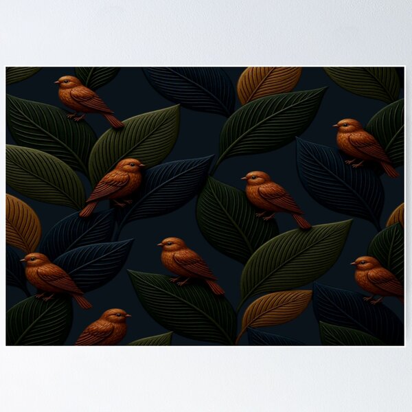 Aperçu de l'œuvre Oiseaux en bronze ornementés sur des feuilles sombres texturées - Art botanique mélancolique créée et vendue par Breezes-of-Ida.