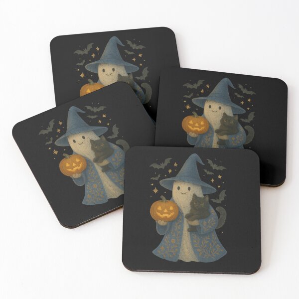 Item preview, Ghost Witch Blue Floral Coat Black Cat and Pumpkin designed and sold by DoArtITa.