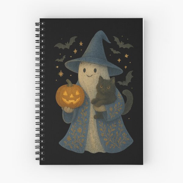 Item preview, Ghost Witch Blue Floral Coat Black Cat and Pumpkin designed and sold by DoArtITa.