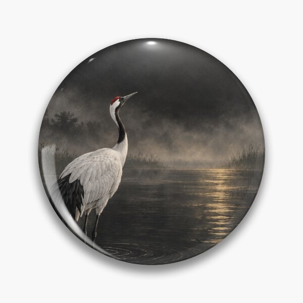 Item preview, Crane Beneath the Golden Moon – Japanese Sumi-e Crane Art designed and sold by yuryu14yutaka.