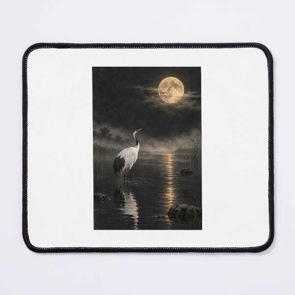 Item preview, Crane Beneath the Golden Moon – Japanese Sumi-e Crane Art designed and sold by yuryu14yutaka.