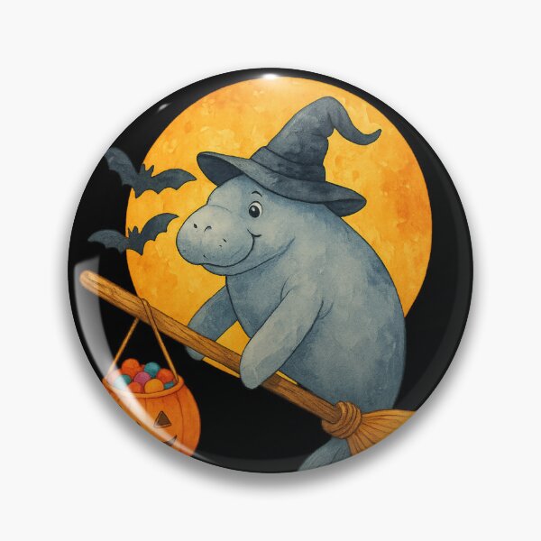 Item preview, Manatee Witch Broom Pumpkin Bucket Blue Watercolor designed and sold by DoArtITa.
