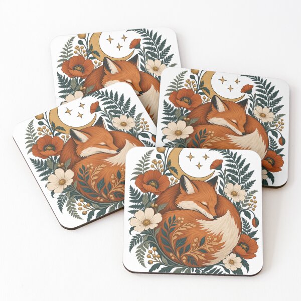 Item preview, Sleeping Fox with Crescent Moon and Wildflowers – Woodland Cottagecore Art designed and sold by Pixel & Ponder.