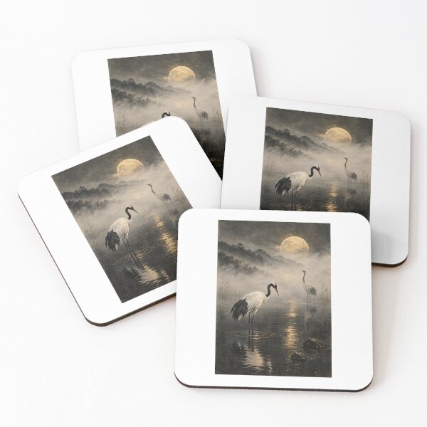 Item preview, Two Cranes in Morning Mist – Japanese Sumi-e Moon Art designed and sold by yuryu14yutaka.