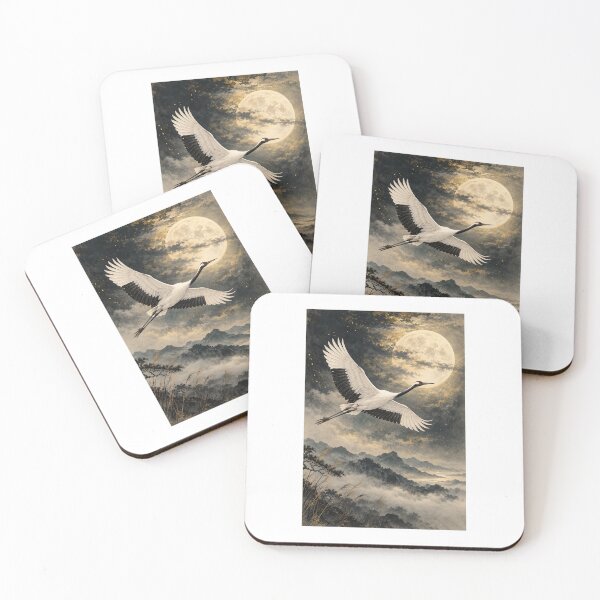 Item preview, Crane Crossing the Pale Sky – Japanese Moonlit Crane Art designed and sold by yuryu14yutaka.