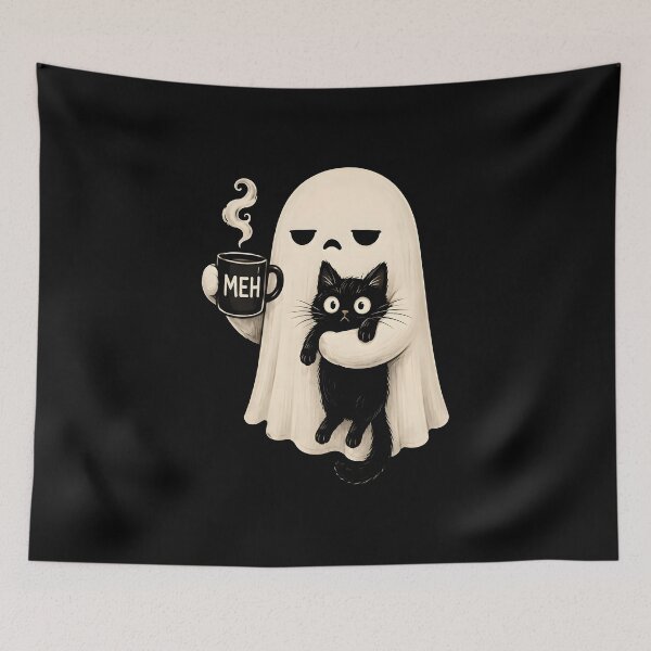 Item preview, Ghost Holding Black Cat Meh Coffee Halloween Tee designed and sold by Catspeachy.