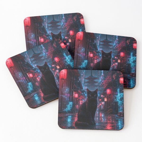 Item preview, Cyberpunk Black Cat in Rainy Kyoto - Holographic Fish & Neon Pagoda designed and sold by vekotpu.