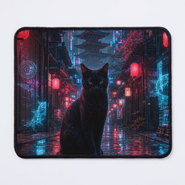 Item preview, Cyberpunk Black Cat in Rainy Kyoto - Holographic Fish & Neon Pagoda designed and sold by vekotpu.