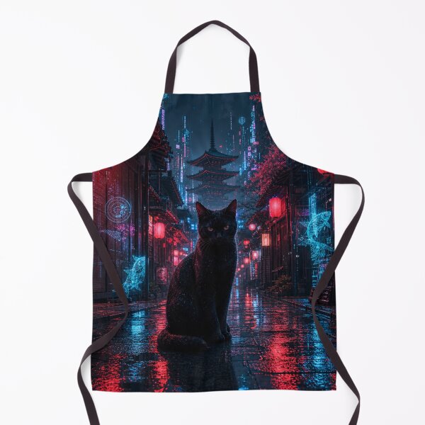 Item preview, Cyberpunk Black Cat in Rainy Kyoto - Holographic Fish & Neon Pagoda designed and sold by vekotpu.