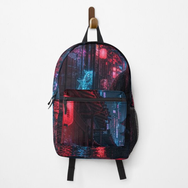 Item preview, Cyberpunk Black Cat in Rainy Kyoto - Holographic Fish & Neon Pagoda designed and sold by vekotpu.