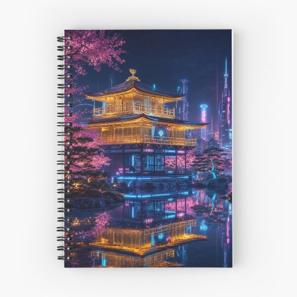 Item preview, Cyberpunk Golden Pavilion - Neon Kinkakuji & Glowing Sakura designed and sold by vekotpu.
