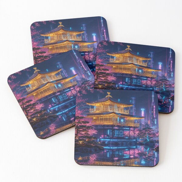 Item preview, Cyberpunk Golden Pavilion - Neon Kinkakuji & Glowing Sakura designed and sold by vekotpu.