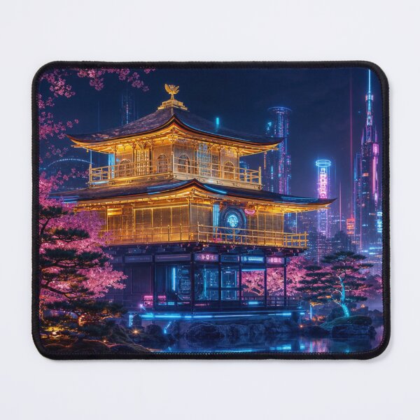 Item preview, Cyberpunk Golden Pavilion - Neon Kinkakuji & Glowing Sakura designed and sold by vekotpu.