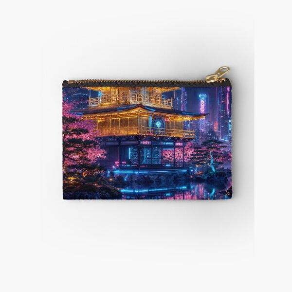 Item preview, Cyberpunk Golden Pavilion - Neon Kinkakuji & Glowing Sakura designed and sold by vekotpu.
