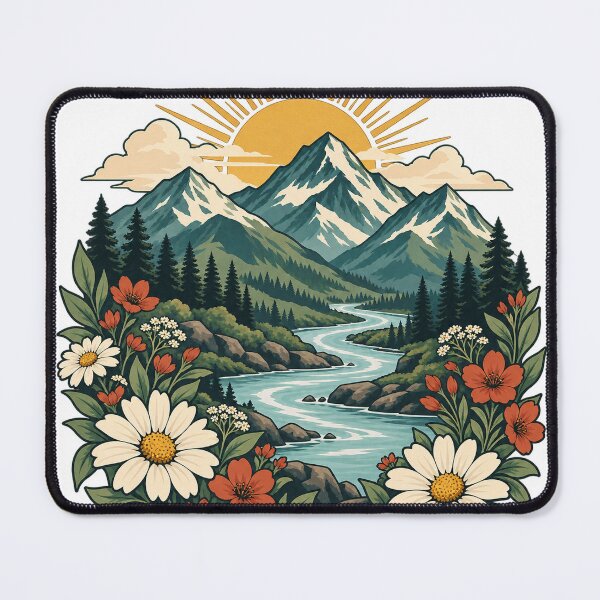 Item preview, Wildflower Mountain Sunrise – Alpine River Landscape Art designed and sold by Pixel & Ponder.