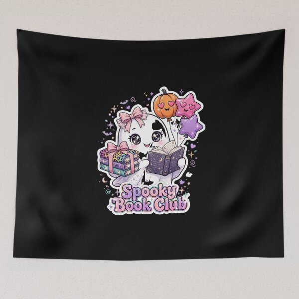Item preview, Spooky Book Club Ghost Reading Kawaii Pumpkin Balloons Coquette designed and sold by HealingEraInk.