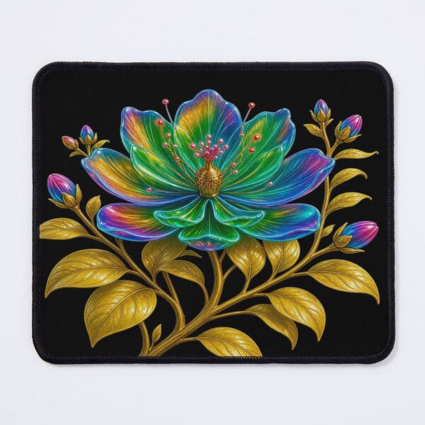 Item preview, Holographic Neon Flower with Golden Leaves - Cyberpunk Baroque Art designed and sold by Breezes-of-Ida.