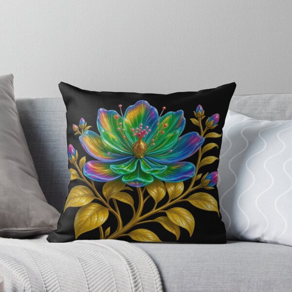 Item preview, Holographic Neon Flower with Golden Leaves - Cyberpunk Baroque Art designed and sold by Breezes-of-Ida.