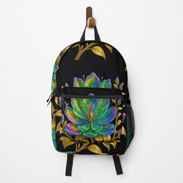 Item preview, Holographic Neon Flower with Golden Leaves - Cyberpunk Baroque Art designed and sold by Breezes-of-Ida.