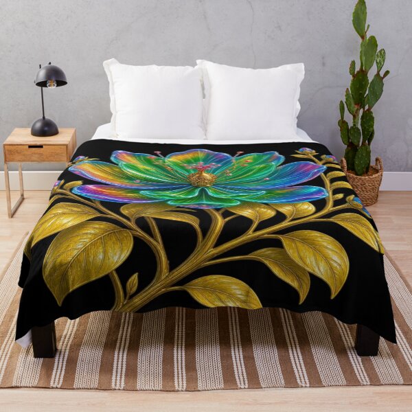 Item preview, Holographic Neon Flower with Golden Leaves - Cyberpunk Baroque Art designed and sold by Breezes-of-Ida.