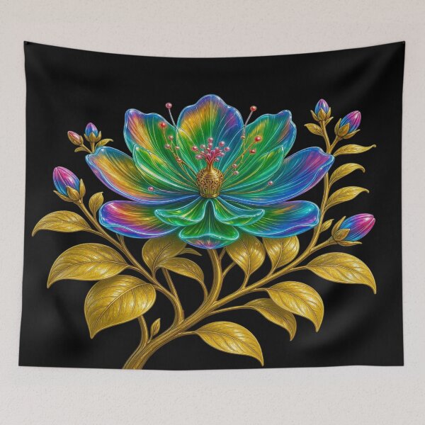 Item preview, Holographic Neon Flower with Golden Leaves - Cyberpunk Baroque Art designed and sold by Breezes-of-Ida.