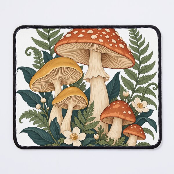 Item preview, Woodland Mushrooms with Ferns and Flowers – Cottagecore Botanical Art designed and sold by Pixel & Ponder.