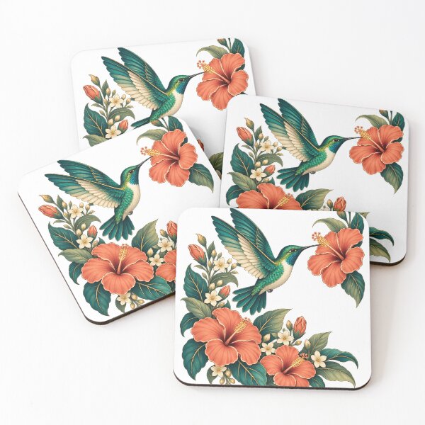 Item preview, Emerald Hummingbird with Hibiscus Flowers – Tropical Botanical Art designed and sold by Pixel & Ponder.