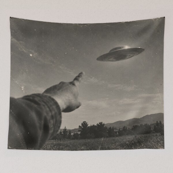 Item preview, Vintage UFO Sighting – Retro Alien Spaceship Black & White Photograph designed and sold by ZYVARENNE.