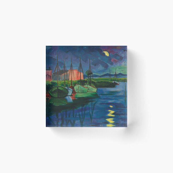 Item preview, Moon over ships in the harbor, midnight dream nautical maritime seascape painting print by Hermann Max Pechstein designed and sold by Jéanpaul  Ferro.