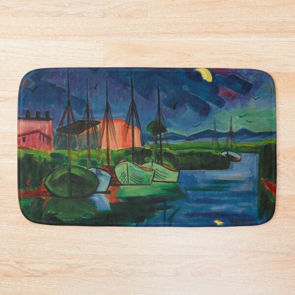 Item preview, Moon over ships in the harbor, midnight dream nautical maritime seascape painting print by Hermann Max Pechstein designed and sold by Jéanpaul  Ferro.