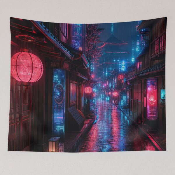 Item preview, Cyberpunk Kyoto - Neon Rainy Alley & Futuristic Pagoda designed and sold by vekotpu.