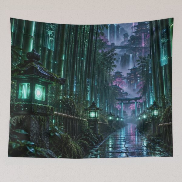 Item preview, Cyberpunk Bamboo Forest - Glowing Shrine & Futuristic Pagoda designed and sold by vekotpu.