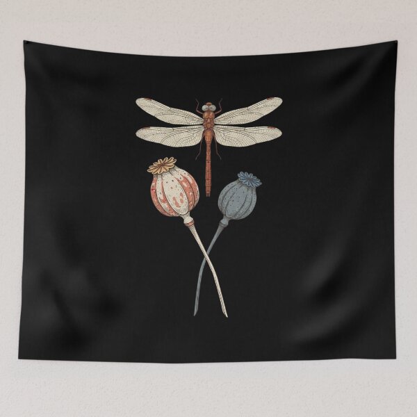 Item preview, Four-Wing Dragonfly Above Poppy Seedpods T-Shirt – Dragonfly Lover Gift, Botanical Nature Graphic Tee designed and sold by Trendably.